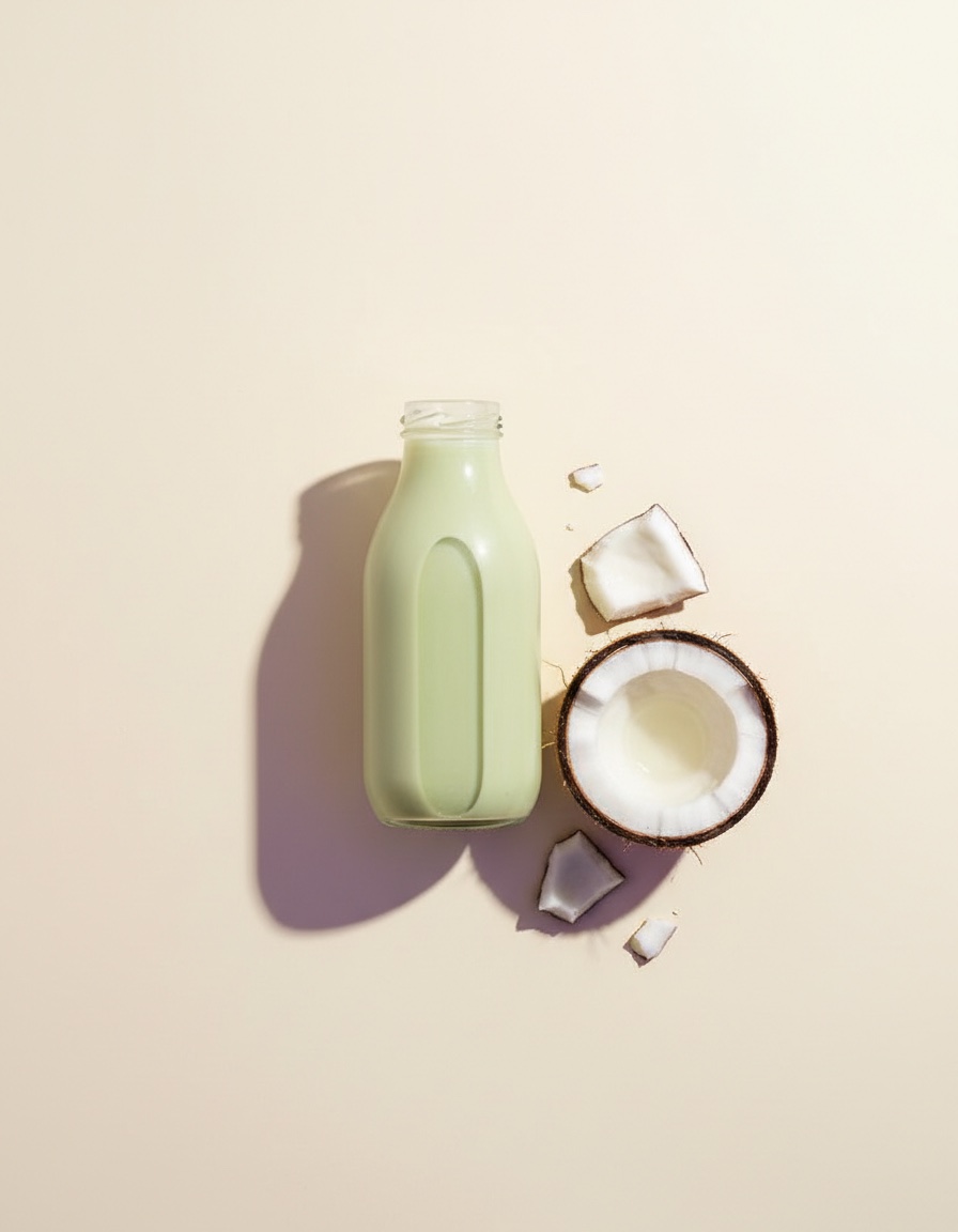A bottle of Sanuz coconut matcha with a fresh coconut