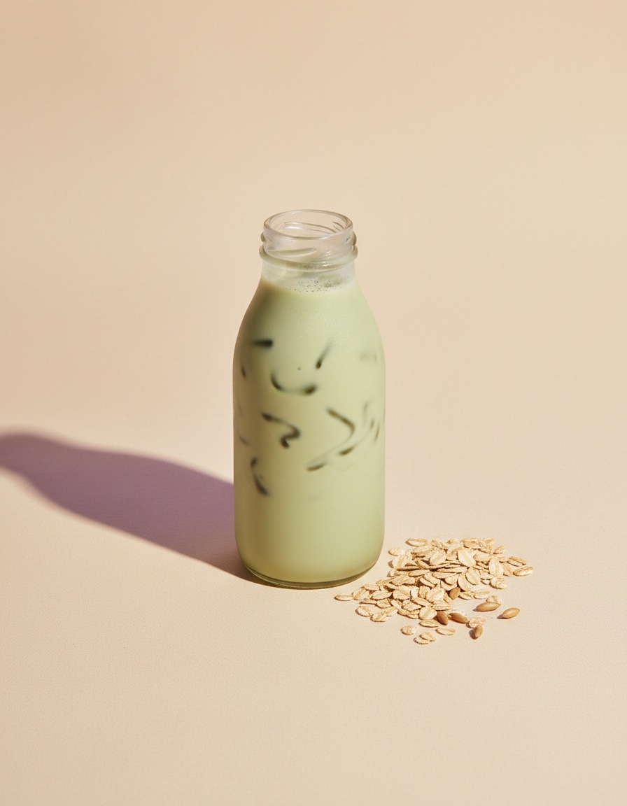 A bottle of Sanuz oat matcha with a scatter of oats