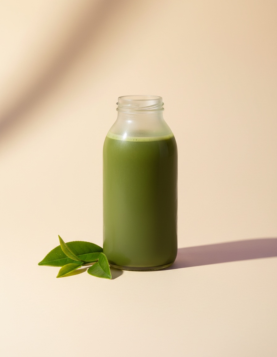 A bottle of Sanuz regular matcha, vivid green, with fresh tea leaves