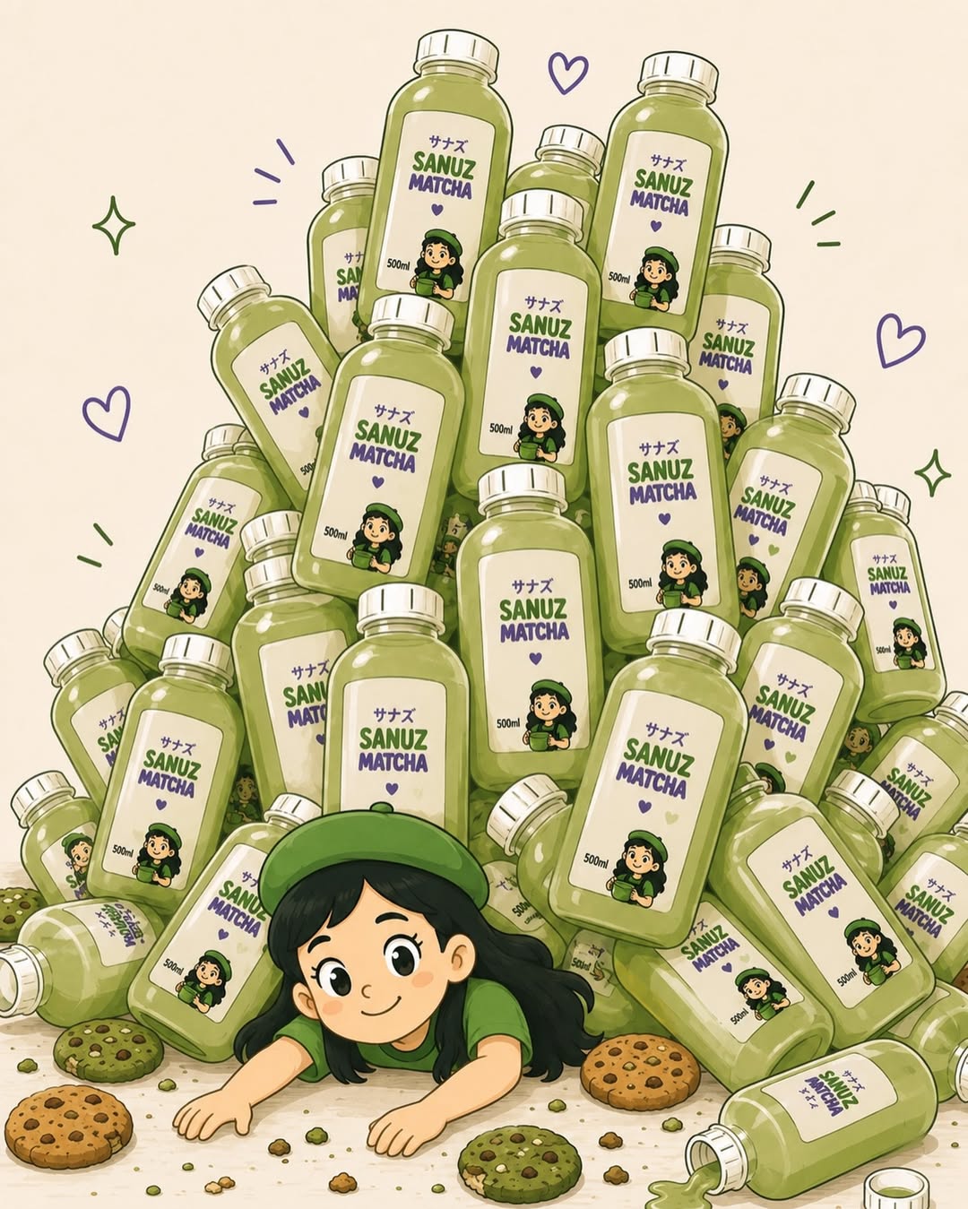 A pile of Sanuz Matcha bottles ready for an event