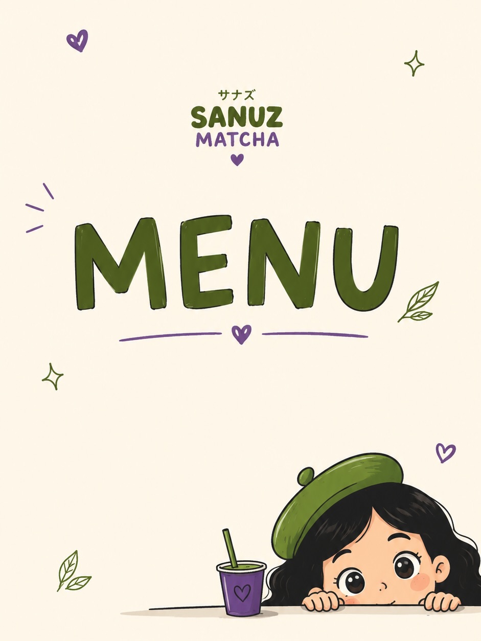 Sanuz Matcha artwork with the brand mascot peeking over a matcha