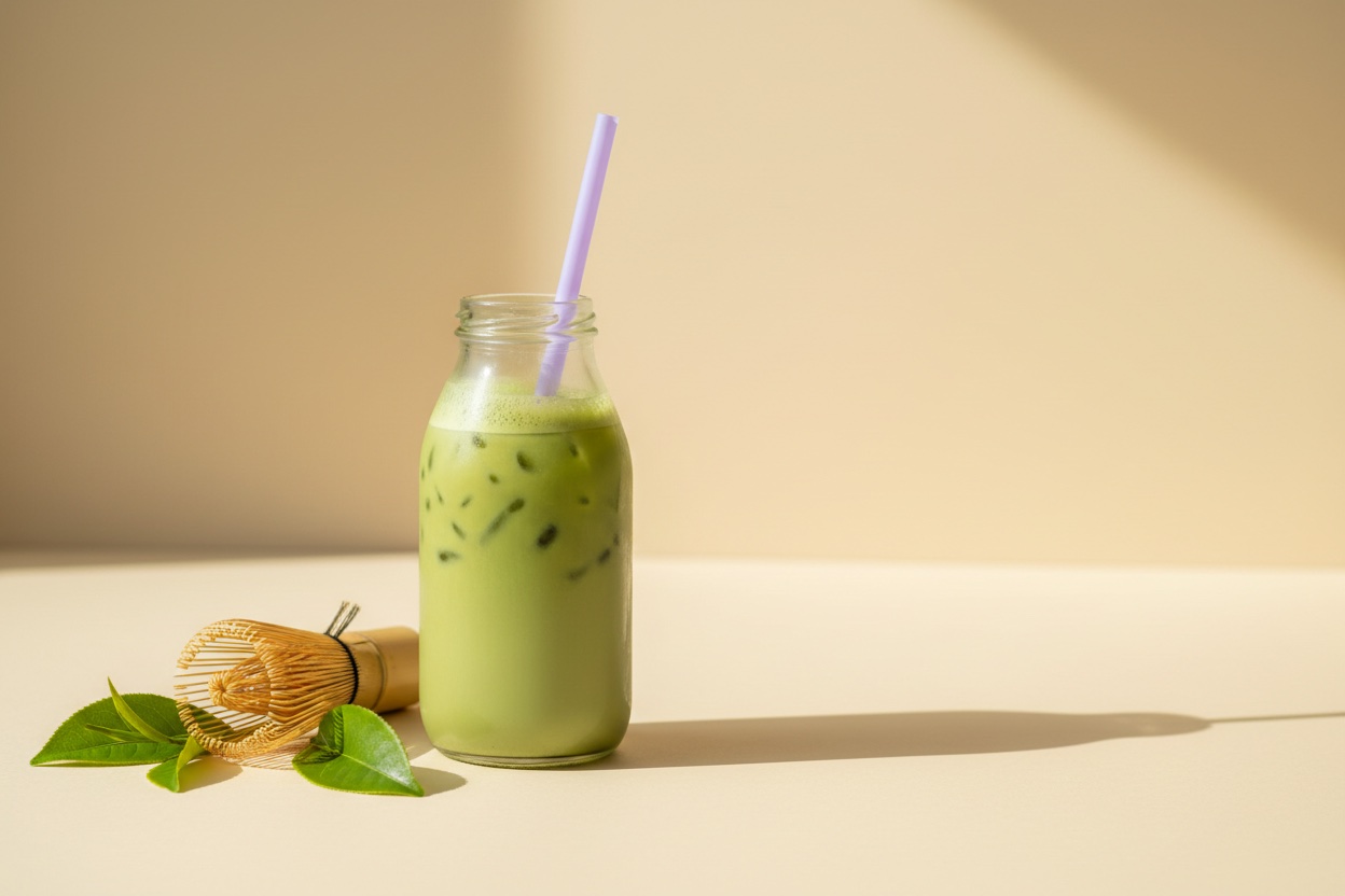 A bottle of iced Sanuz Matcha beside a bamboo whisk and fresh green tea leaves on a cream table