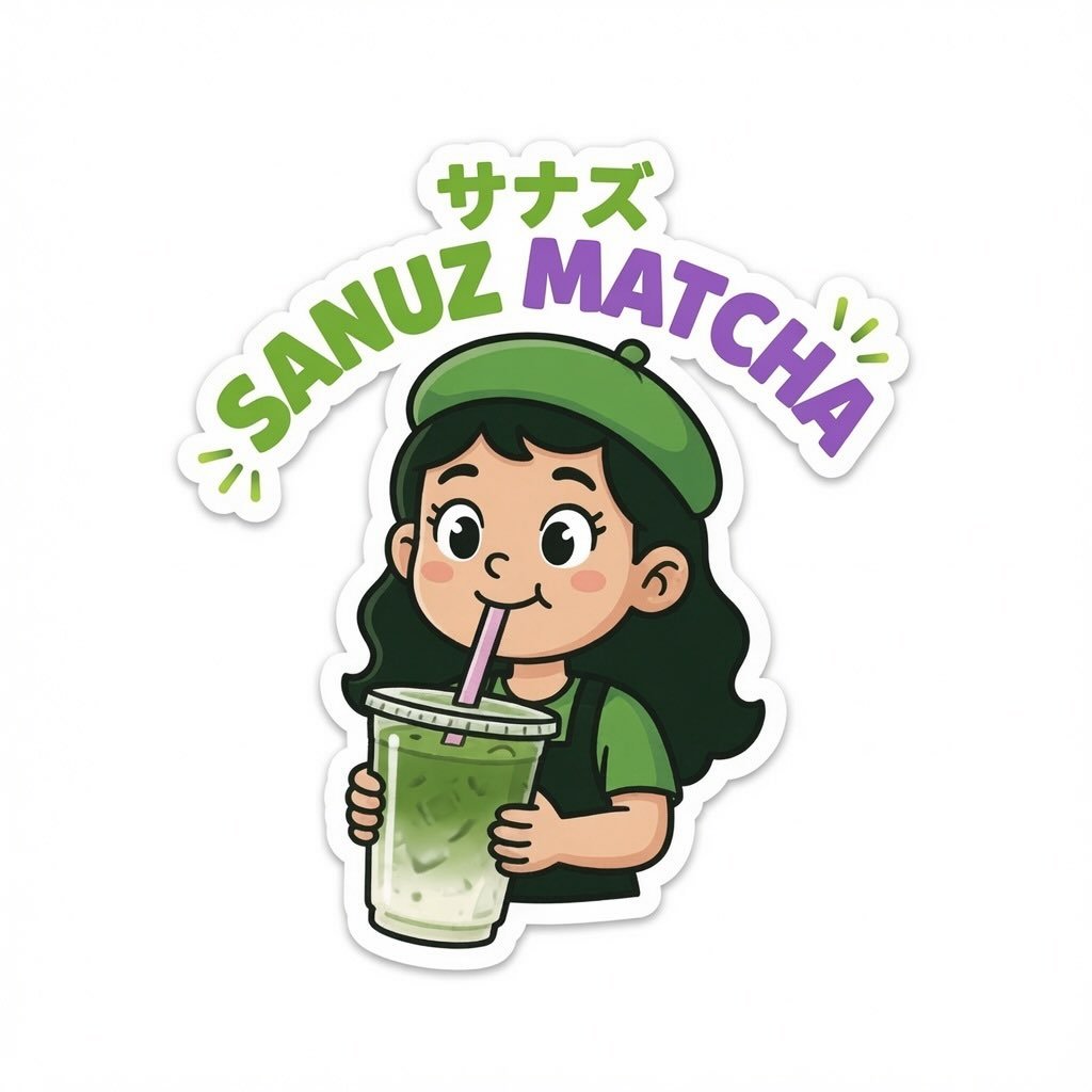Sanuz Matcha logo, a cartoon girl in a green beret sipping iced matcha