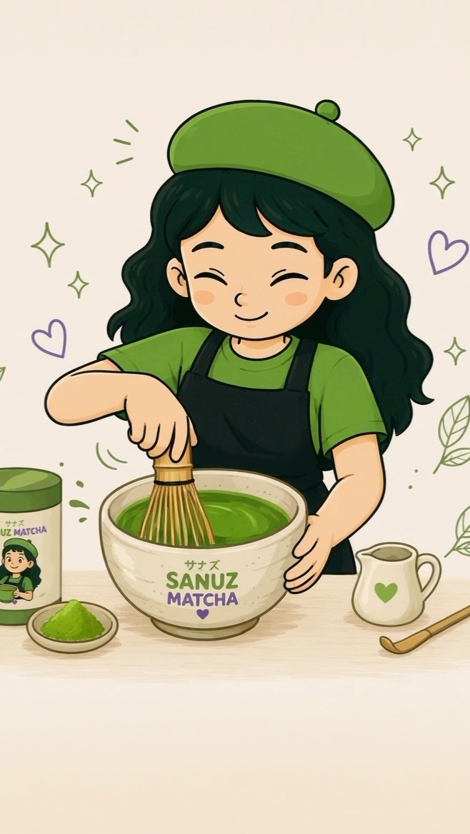 Illustration of the Sanuz Matcha girl whisking bright green matcha in a bowl